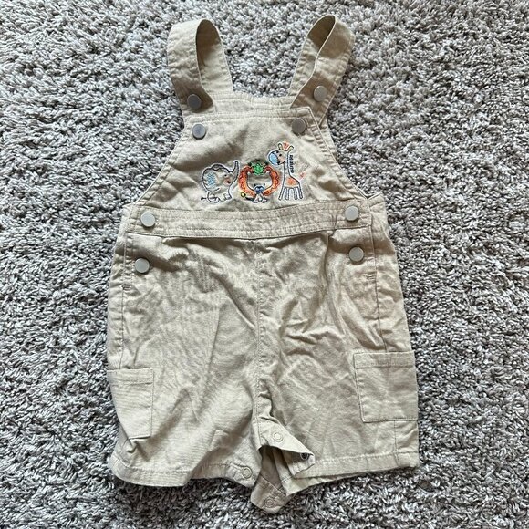 First Moments Overall Shortalls Embroidered Khaki Shorts Jungle Safari Animals - Picture 1 of 4